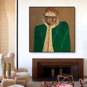 Large Modern Abstract Contemplative Figure Canvas Wall Art Textured Oil Painting for Bedroom & Entryway Decor