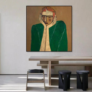 Large Modern Abstract Contemplative Figure Canvas Wall Art Textured Oil Painting for Bedroom & Entryway Decor