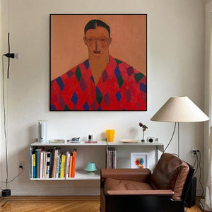 Large Modern Abstract Geometric Portrait Canvas Wall Art Textured Oil Painting for Bedroom & Entryway Decor