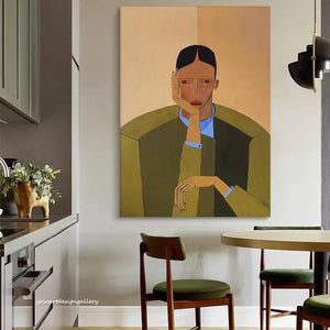 Large Minimalist Contemplative Figure Textured Oil Painting Neutral Tone Canvas Art for Home & Office Decor