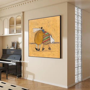 Large Minimalist Whimsical Figures & Pet Canvas Wall Art Textured Oil Painting for Bedroom & Entryway Decor