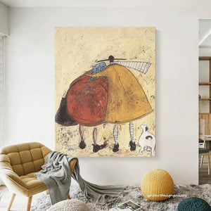 Large Minimalist Whimsical Couple & Pet Canvas Wall Art Textured Oil Painting for Living Room & Bedroom Decor