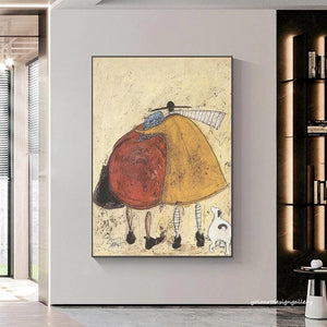 Large Minimalist Whimsical Couple & Pet Canvas Wall Art Textured Oil Painting for Living Room & Bedroom Decor