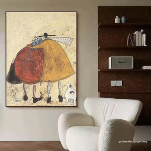 Large Minimalist Whimsical Couple & Pet Canvas Wall Art Textured Oil Painting for Living Room & Bedroom Decor