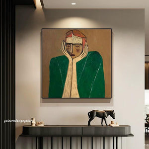 Large Modern Abstract Contemplative Figure Canvas Wall Art Textured Oil Painting for Bedroom & Entryway Decor