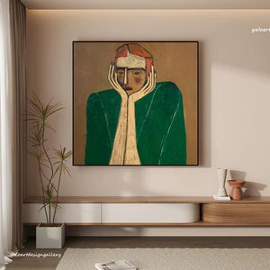 Large Modern Abstract Contemplative Figure Canvas Wall Art Textured Oil Painting for Bedroom & Entryway Decor