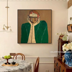 Large Modern Abstract Contemplative Figure Canvas Wall Art Textured Oil Painting for Bedroom & Entryway Decor