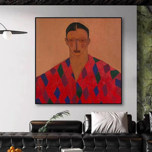 Large Modern Abstract Geometric Portrait Canvas Wall Art Textured Oil Painting for Bedroom & Entryway Decor