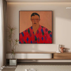 Large Modern Abstract Geometric Portrait Canvas Wall Art Textured Oil Painting for Bedroom & Entryway Decor