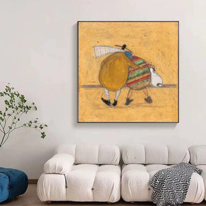 Large Minimalist Whimsical Figures & Pet Canvas Wall Art Textured Oil Painting for Bedroom & Entryway Decor