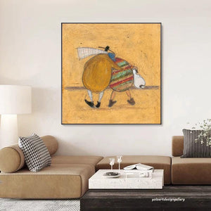 Large Minimalist Whimsical Figures & Pet Canvas Wall Art Textured Oil Painting for Bedroom & Entryway Decor