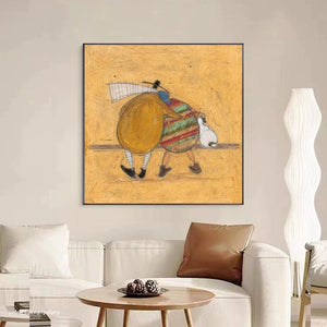 Large Minimalist Whimsical Figures & Pet Canvas Wall Art Textured Oil Painting for Bedroom & Entryway Decor