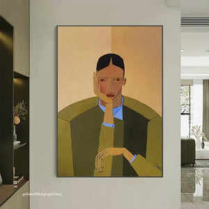 Large Minimalist Contemplative Figure Textured Oil Painting Neutral Tone Canvas Art for Home & Office Decor