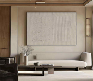 Large Horizontal 3D Textured Linear Grid Canvas Wall Art Wabi-Sabi Minimalist Art for Living Room Decor
