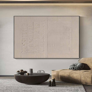 Large Horizontal 3D Textured Linear Grid Canvas Wall Art Wabi-Sabi Minimalist Art for Living Room Decor