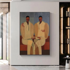 Large Modern Abstract Intimate Twin Figures Canvas Wall Art Textured Oil Painting for Bedroom & Entryway Decor
