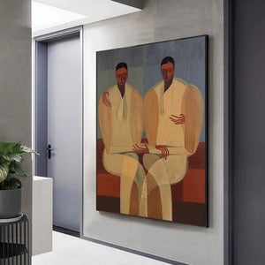 Large Modern Abstract Intimate Twin Figures Canvas Wall Art Textured Oil Painting for Bedroom & Entryway Decor
