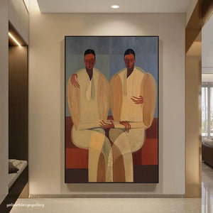 Large Modern Abstract Intimate Twin Figures Canvas Wall Art Textured Oil Painting for Bedroom & Entryway Decor
