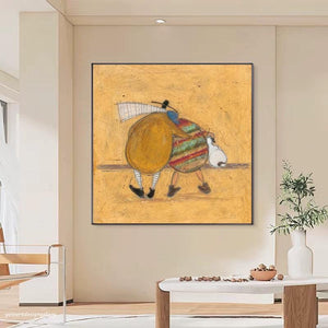 Large Minimalist Whimsical Figures & Pet Canvas Wall Art Textured Oil Painting for Bedroom & Entryway Decor