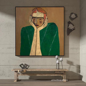 Large Modern Abstract Contemplative Figure Canvas Wall Art Textured Oil Painting for Bedroom & Entryway Decor