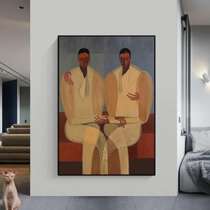 Large Modern Abstract Intimate Twin Figures Canvas Wall Art Textured Oil Painting for Bedroom & Entryway Decor