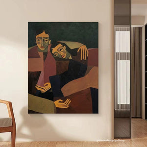 Large Modern Abstract Intimate Figures Textured Canvas Art Figurative Painting for Bedroom & Entryway Decor