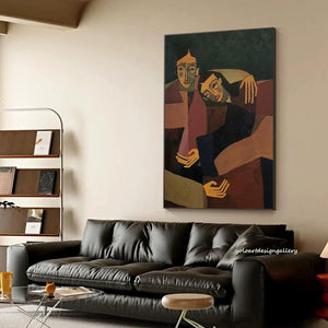 Large Modern Abstract Intimate Figures Textured Canvas Art Figurative Painting for Bedroom & Entryway Decor