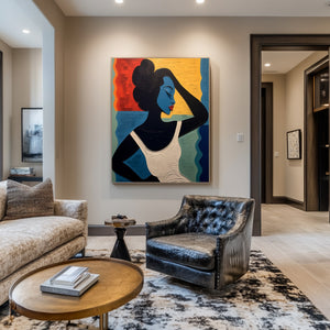 Large Geometric Oil Painting - Abstract Portrait Art on Canvas Hand Painted for Contemporary Interior