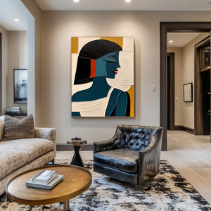 Large Geometric Oil Painting - Abstract Female Portrait Wall Art Hand Painted for Contemporary Decor
