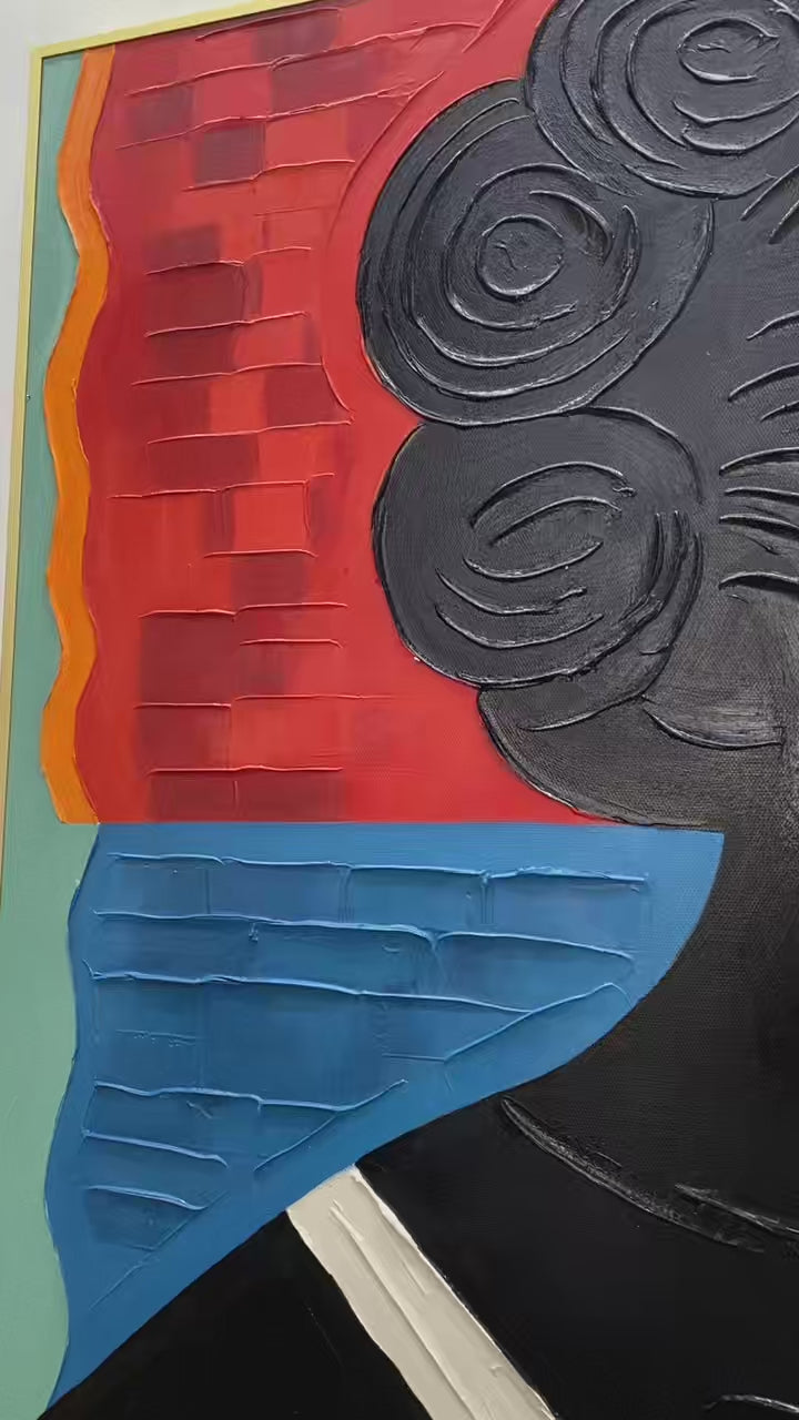Large Geometric Oil Painting - Abstract Portrait Art on Canvas Hand Painted for Contemporary Interior