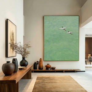 Large Vertical Minimalist Flying Cranes Canvas Wall Art Modern Asian-Inspired Art for Living Room Decor