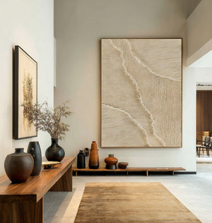 Large Vertical 3D Textured Neutral Wave Abstract Canvas Wall Art Wabi-Sabi Minimalist Art for Entryway Decor