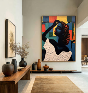 Large Hand Painted Abstract Woman Oil Painting – Colorful Female Portrait for Modern Wall Decor