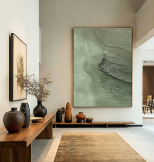 Large Textured Green Abstract Canvas Wall Art Contemporary Minimalist Painting for Home Decor