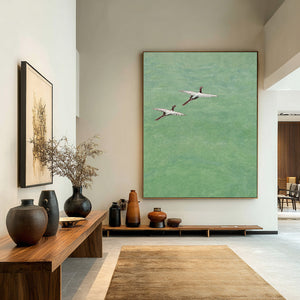 Large Vertical Sage Green Crane Canvas Wall Art Modern Asian Zen Art for Living Room & Study