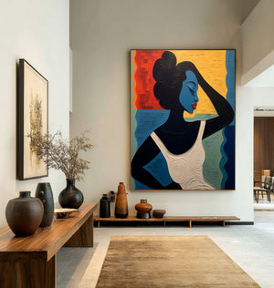 Large Geometric Oil Painting - Abstract Portrait Art on Canvas Hand Painted for Contemporary Interior