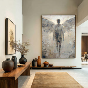 Large Minimalist Angel Figurative Canvas Wall Art Textured Oil Painting for Hallway & Office Decor
