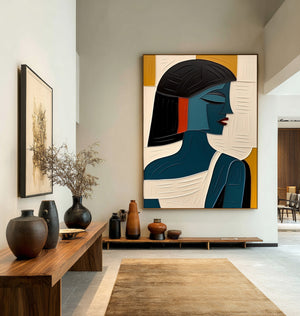Large Geometric Oil Painting - Abstract Female Portrait Wall Art Hand Painted for Contemporary Decor