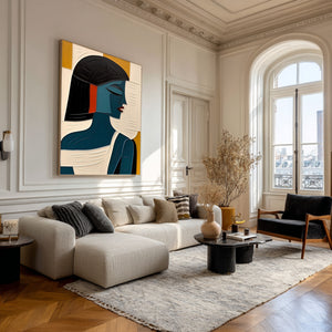 Large Geometric Oil Painting - Abstract Female Portrait Wall Art Hand Painted for Contemporary Decor
