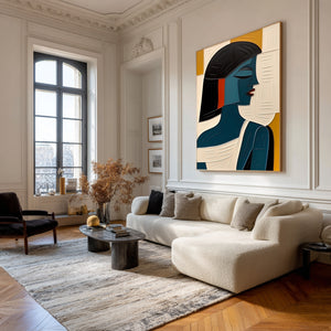 Large Geometric Oil Painting - Abstract Female Portrait Wall Art Hand Painted for Contemporary Decor