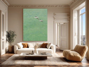 Large Vertical Minimalist Flying Cranes Canvas Wall Art Modern Asian-Inspired Art for Living Room Decor