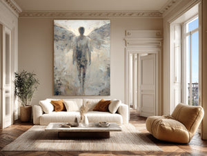 Large Minimalist Angel Figurative Canvas Wall Art Textured Oil Painting for Hallway & Office Decor
