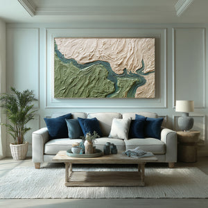 Large Abstract River Oil Painting Textured Green Canvas Wall Art for Contemporary Home Decor