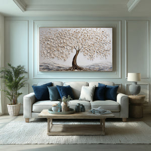 Large Tree of Life Oil Painting Textured White Tree Canvas Wall Art for Living Room Decor