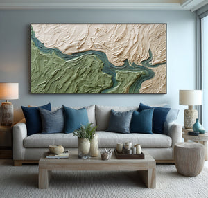 Large Abstract River Oil Painting Textured Green Canvas Wall Art for Contemporary Home Decor