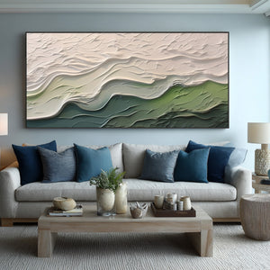 Large Wabi-Sabi Textured Green Wave of Nature Canvas Wall Art Textured Oil Painting for Bedroom & Entryway Decor