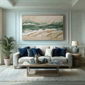 Large Abstract Ocean Wave Oil Painting Textured Green Coastal Canvas Wall Art for Living Room Decor
