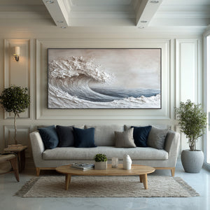 Large Contemporary Ocean Wave Canvas Wall Art Neutral Coastal Painting for Interior Decor
