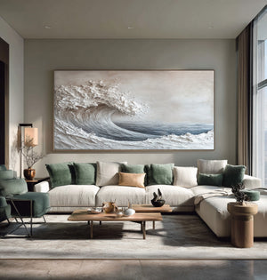 Large Contemporary Ocean Wave Canvas Wall Art Neutral Coastal Painting for Interior Decor