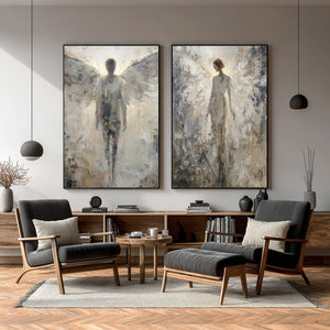 Large Set of 2 Angel Figurative Textured Oil Painting Wabi-Sabi Canvas Wall Art for Living Room Decor